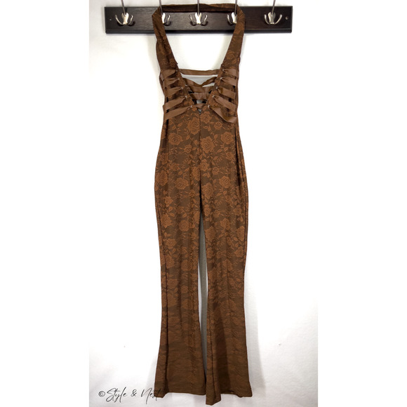 Mocha Floral Lace Whimsigoth Jumpsuit Fairy Rave Festival Y2K Ethereal Coquette - Picture 2 of 9
